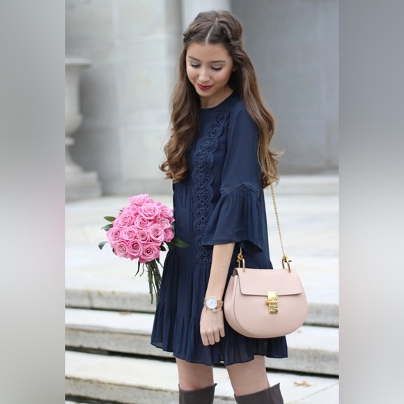 LOFT Navy Blue Embroidered Drop-Waist Dress – Size 12 – Dark Boho Beauty - Picture 3 of 14